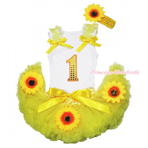 White Baby Pettitop Yellow Ruffles Bows Birthday Sparkle Yellow 1ST & Summer Yellow Sunflowers Newborn Pettiskirt NG1699